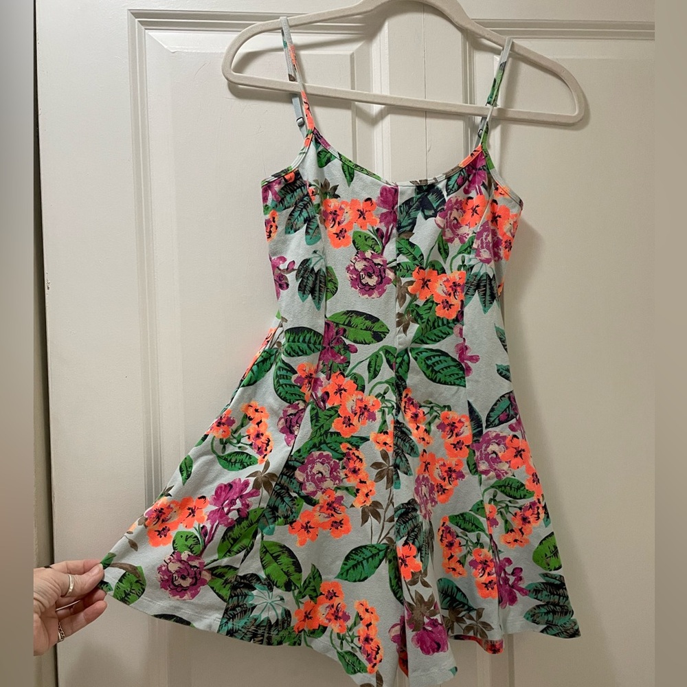 Express Romper XS Cotton Blend Floral Light Blue Neon Orange Adjustable Straps